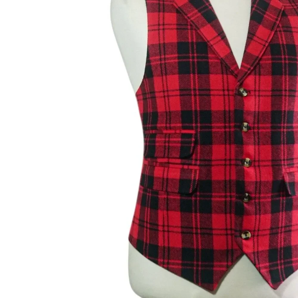 Mens 46R Wool Tartan Plaid Vest Red Black Waistcoat Formal Wedding Party Dress - Picture 6 of 8